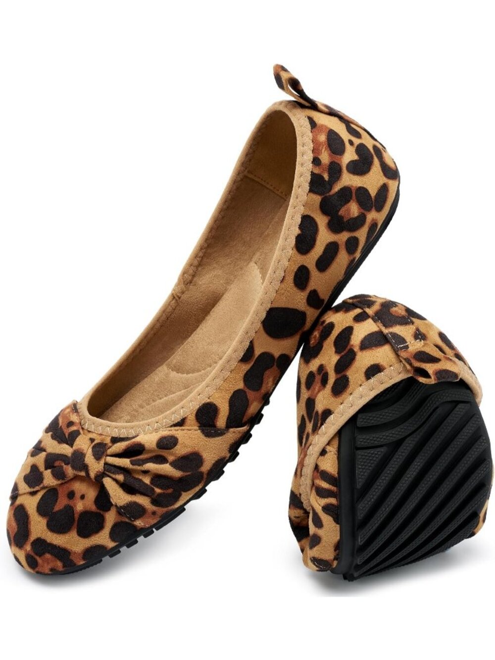 Women's Leopard Suede Comfortable Ballet Flats Cushioned Foldable Slip On Shoes